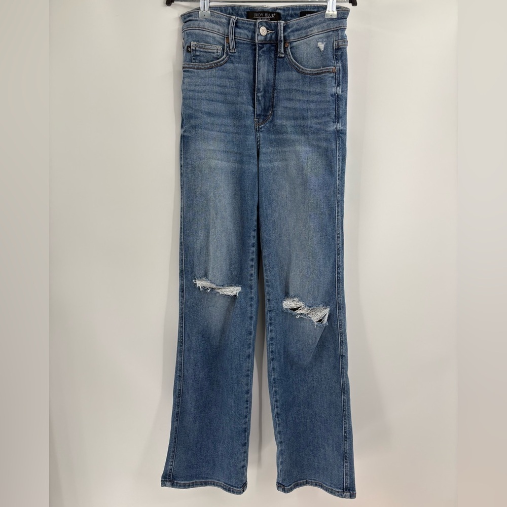 Judy blue straight leg blue jeans tummy control knee distress ripped size 25